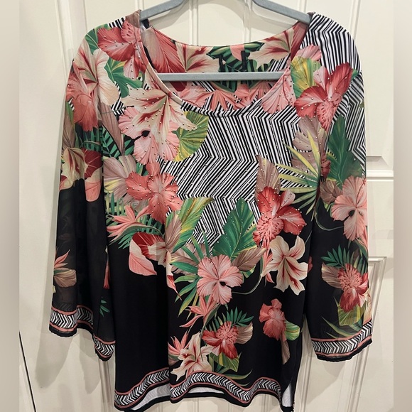 XL JM COLLECTION Tropical Floral Women's Blouse Black and Pink - Picture 2 of 11